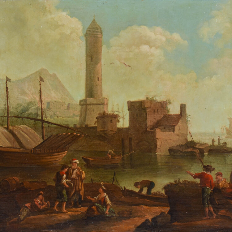 Omgeveing J. Vernet (XVII) Composition of figures and boats at the harbor