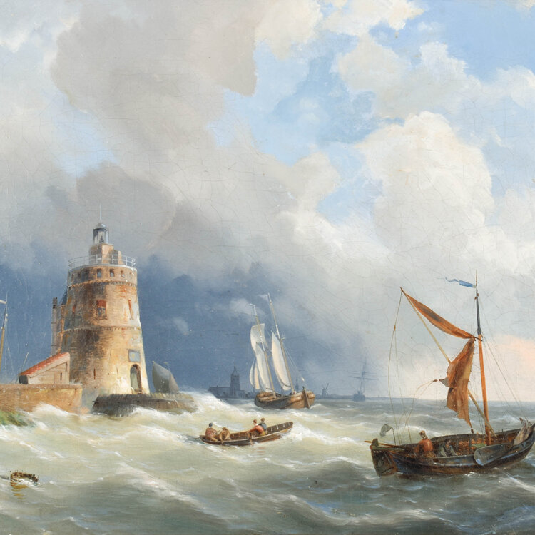 Hermanus Koekkoek Sr. (1815-1882) Hermanus Koekkoek Sr. (1815-1882) - Boten vervoeren langs de kust op een ruwe zee