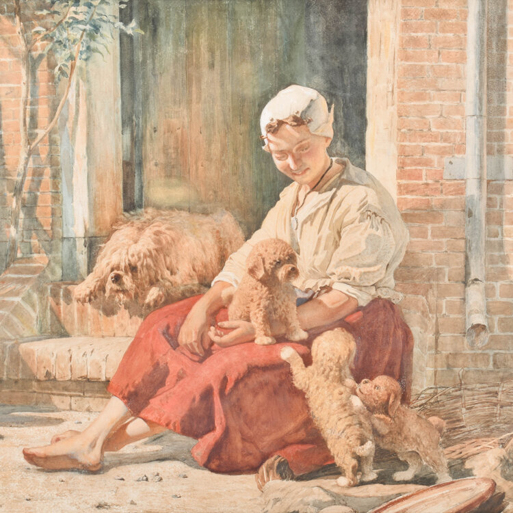 Bernard Blommers (1845-1914) Bernard Blommers (1845-1914) - Moederhond en meisje spelen met puppies