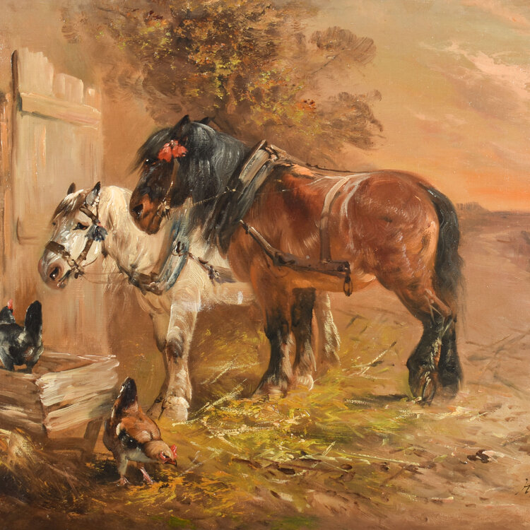Henri Schouten (1857-1927) Henri Schouten (1857-1927) - Twee paarden en een kip bij de stal