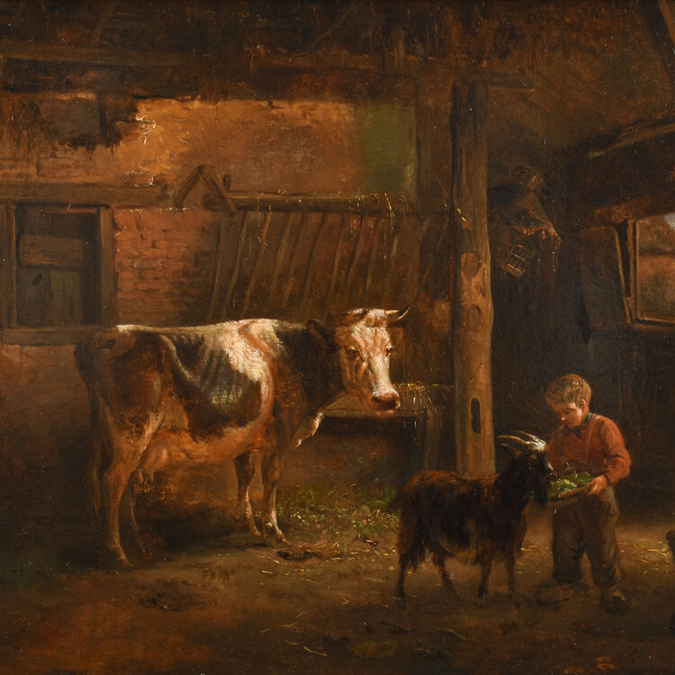 Albertus Verhoesen (1806-1881) Albertus Verhoesen (1806-1881) - Interieur van schuur met jonge boerenknecht, koe, geit en kip