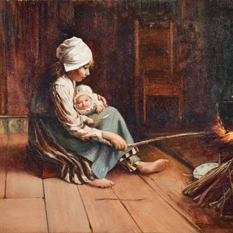 Bernard Blommers (1845-1914) Bernard Blommers (1845-1914) - Child caring for a baby whilst checking the fire