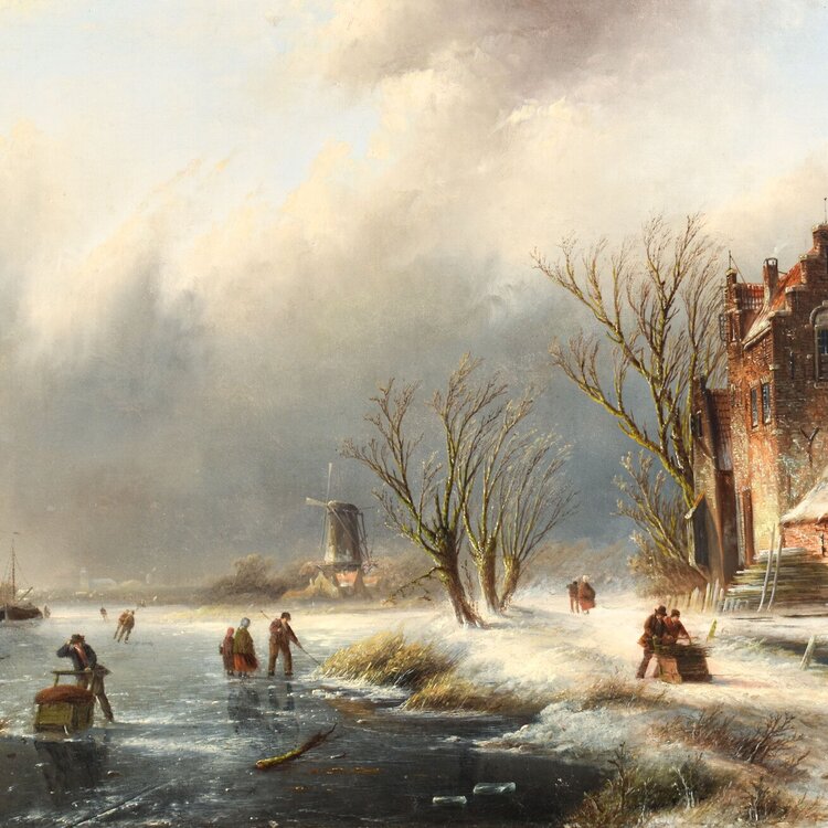 Jan Jacob Coenraad Spohler (1837-1922  J.J.C. Spohler (1837-1922) - Winter landscape with figures on and along frozen river