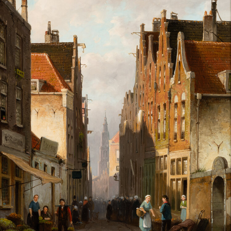 Cornelis Dommershuizen (1842-1928) Cornelis Dommershuizen (1842-1928) - Straatje in Amsterdam met zicht op de Westertoren