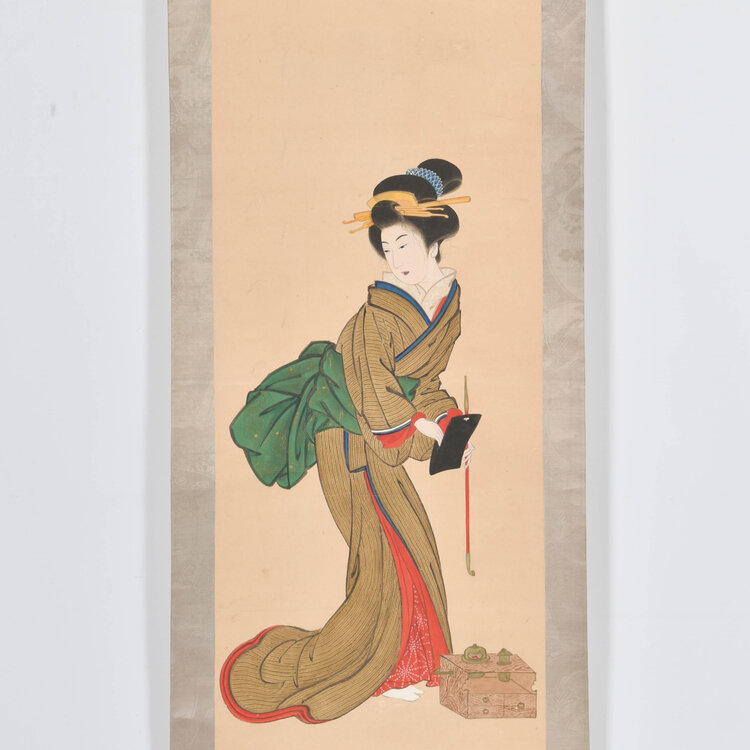 Kishi School Japanese scroll painting - Kakejiku - Kishi School - Beauty with pipe