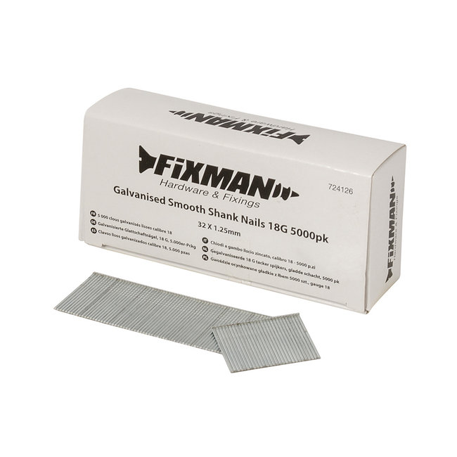 Fixman Gegalvaniseerde 18 G tacker spijkers, gladde schacht, 5000 pak 32 x 1,25 mm