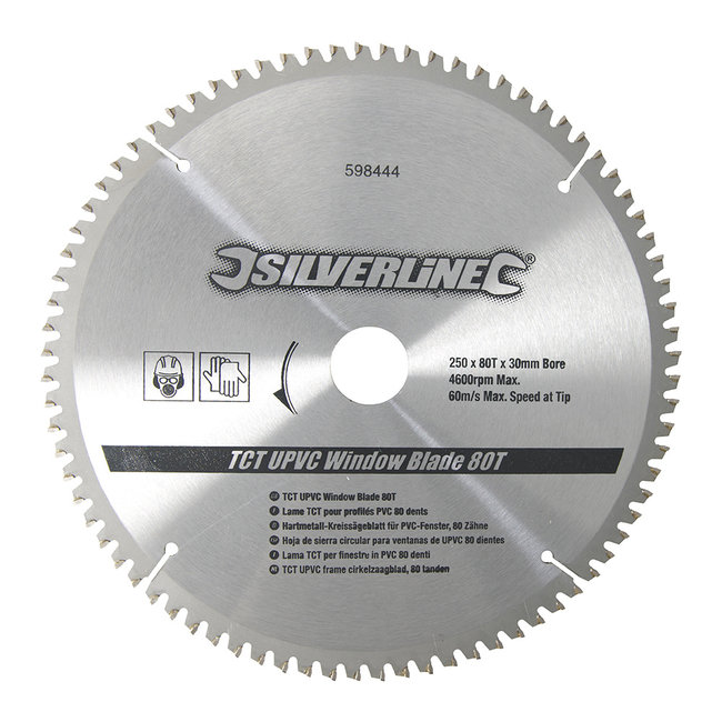 Silverline TCT UPVC frame cirkelzaagblad, 80 tanden 250 x 30 - 25, 20 en 16 mm ringen