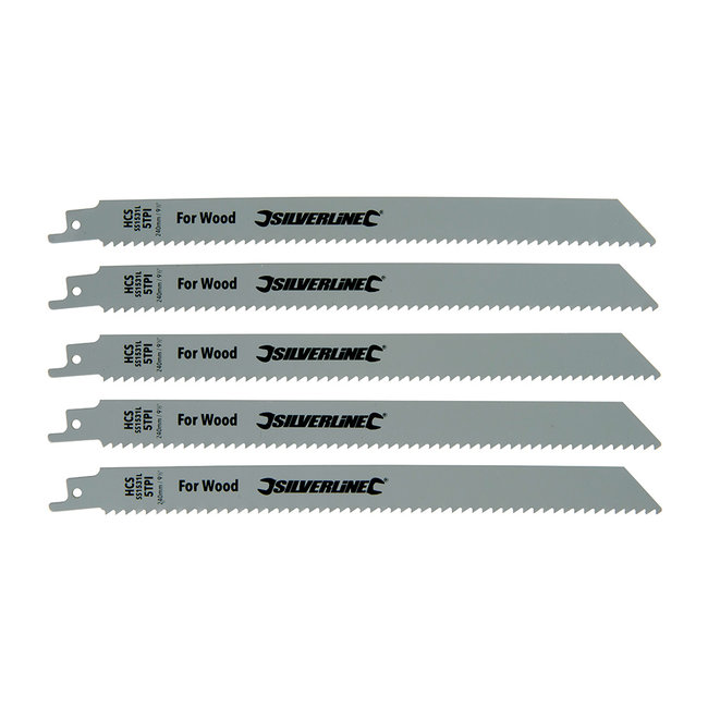 Silverline Reciprozaagbladen voor hout, 5 delig HCS, 5 tpi, 240 mm