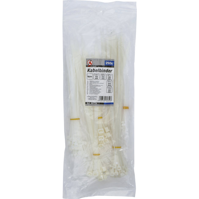 BGS Kabelbinder assortiment - wit - 100 t/m 300 mm - 250 delig