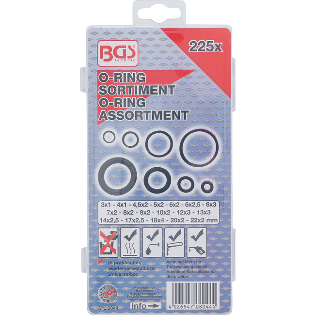 BGS O-ring assortiment 3 - 22 mm, 225 delig