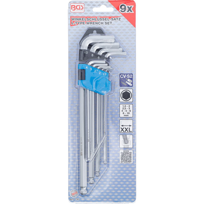 BGS Stiftsleutelset extra lang inbus met kogelkop 1,5 - 10 mm 9 delig