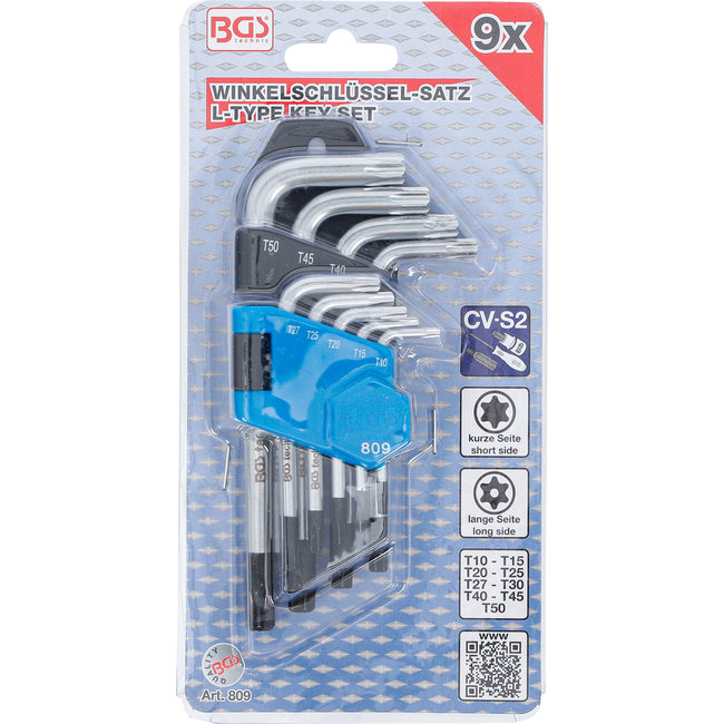 BGS Stiftsleutelset kort torx met boring T10 - T50 9 delig