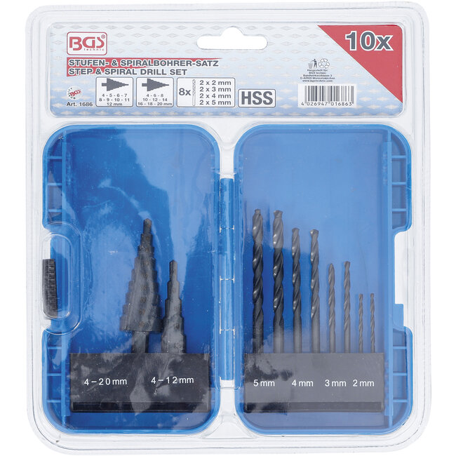 BGS Spiraalboren en trappenboorset HSS Ø 4 - 12 / 4 - 20 mm 2 - 5 mm 10 delig
