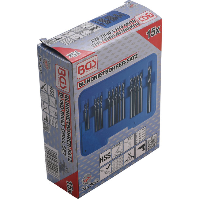 BGS Popnagelboor-set HSS 2.4 - 6.4 mm 15 delig