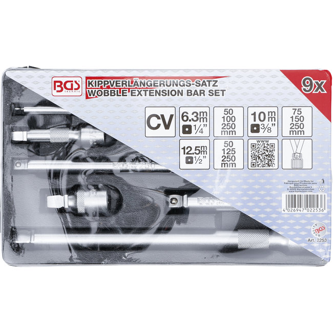 BGS Kantelverlengstukset 1/4", 3/8", 1/2" 9 delig