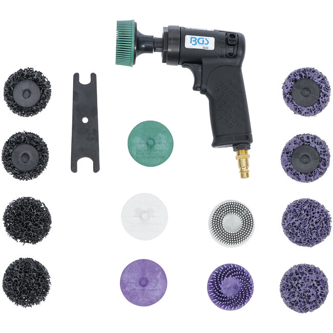 BGS Persluchtschuurmachine met set borstelschijven 17 delig