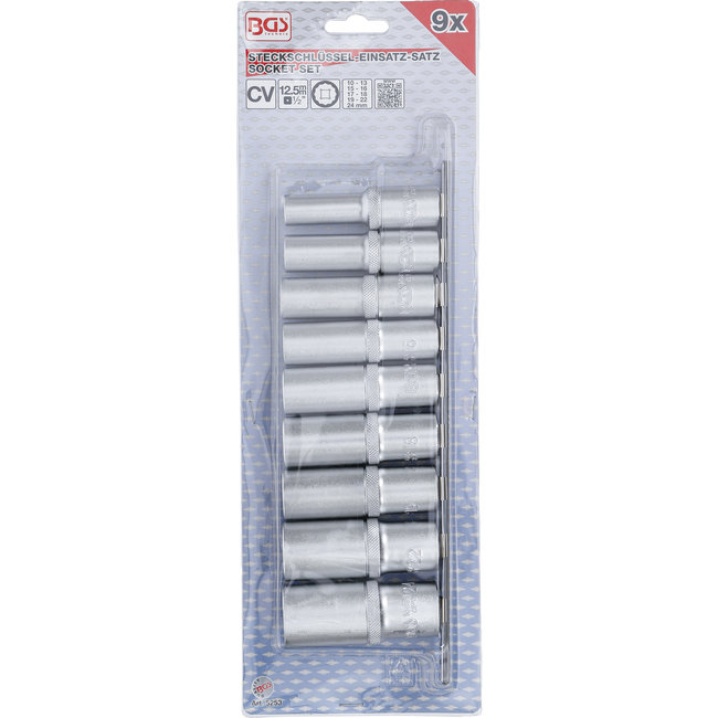 BGS Doppenset twaalfkant, diep 1/2" 10 - 24 mm, 9 delig