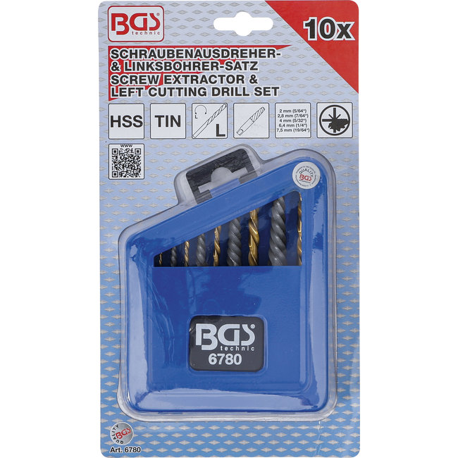 BGS Schroevenuitdraai- en linkssnijdende borenset HSS titaniumnitraat-behandeling 2 - 7,5 mm 10 delig