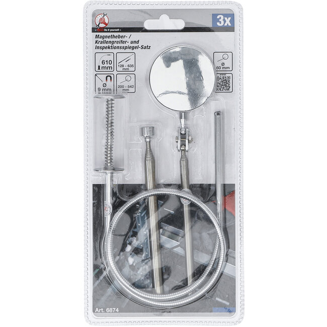 BGS Magneethulp, grijper en inspectiespiegelset 3 delig