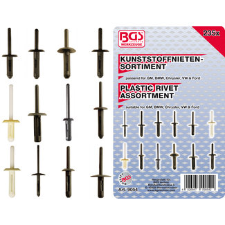 BGS technic Assortiment kunststof popnagels voor GM, BMW, Chrysler, VW & Ford 235 delig