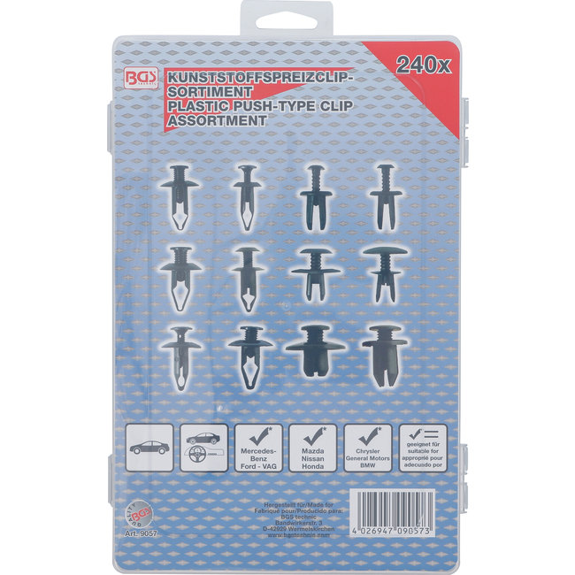 BGS Assortiment kunststof spreidclips voor Mazda, Honda, Ford, Nissan, VW 240 delig