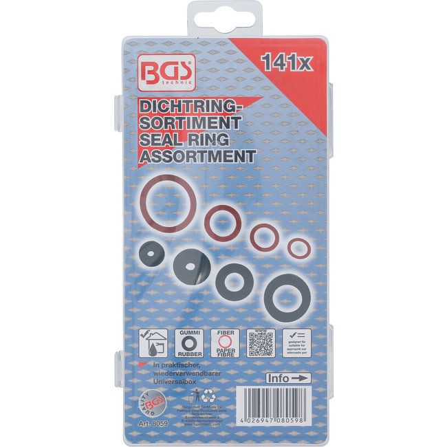 BGS Assortiment afsluitringen rubber en glasvezel 141 delig