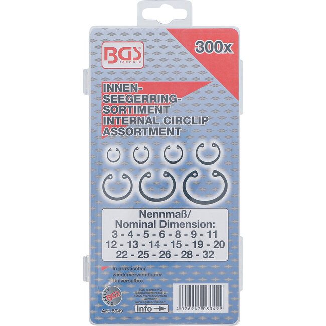 BGS Assortiment borgringen binnen Ø3 - 32 mm 300 delig
