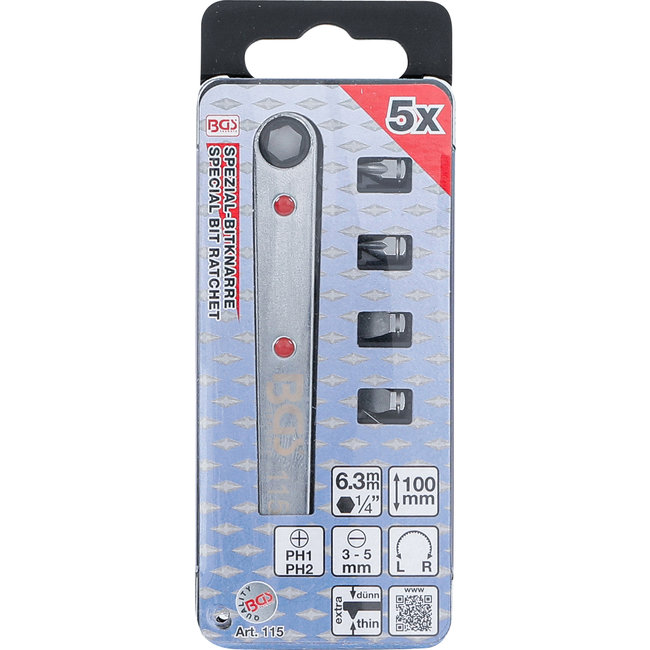 BGS Bit-ratelsleutel, extra dun binnenzeskant 1/4" incl. 4 speciale bits