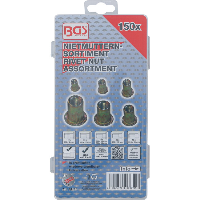BGS Assortiment popmoeren verzinkt staal 150 delig