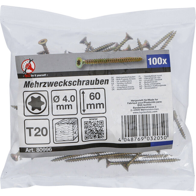 BGS Multischroeven Torx T20 4,0 x 60 mm 100 stuks