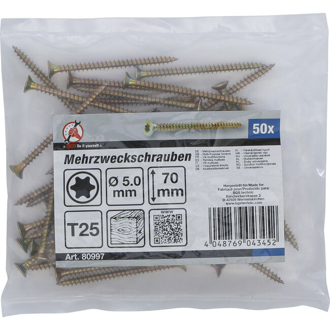 BGS Multischroeven Torx T25 5,0 x 70 mm 50 stuks