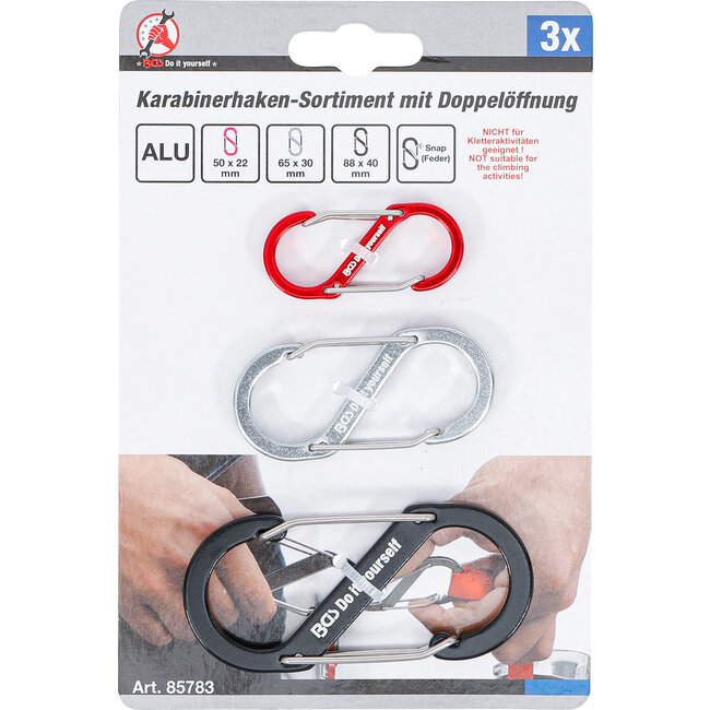 BGS Karabijnhaak-assortiment met dubbele opening aluminium 3 delig