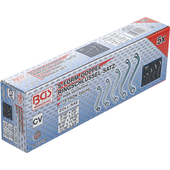 BGS S-model dubbele ringsleutelset inches 3/8" - 3/4" 5 delig