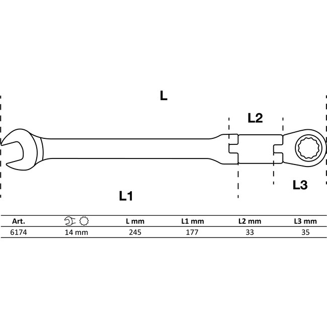 BGS Dubbelscharnierende ratelring-steeksleutel plooibaar 14 mm