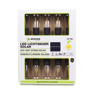 Benson Solar Led Lichtsnoer, 10 Led Lampen,  7.5 meter.  Warm Wit voor binnen & buiten