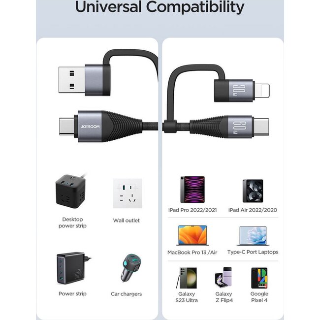 Joyroom Multifunctionele 4 in 1 laadkabel, USB-A - USB-C - Lightning