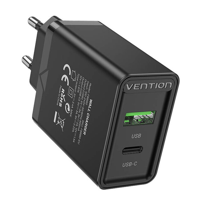 Vention Laadstekker 2 poort USB-A en USB-C, snellader (18W/20W), zwart