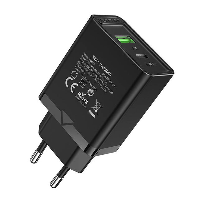 Vention Laadstekker 2 poort USB-A en USB-C, snellader (18W/20W), zwart