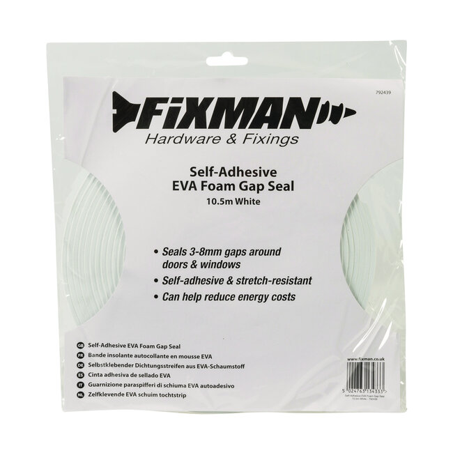 Fixman Zelfklevende tochtstrip wit - 3 tot 8 mm - EVA schuim - 10,5 meter