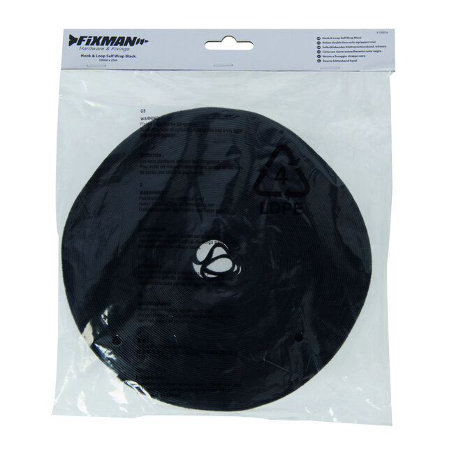 Fixman Zwarte klittenband - dubbelzijdig - 10 mm x 25 meter