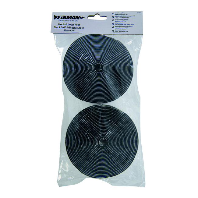 Fixman Zwarte klittenband rollen, zelfklevend, 2 pak 25 mm x 5 m