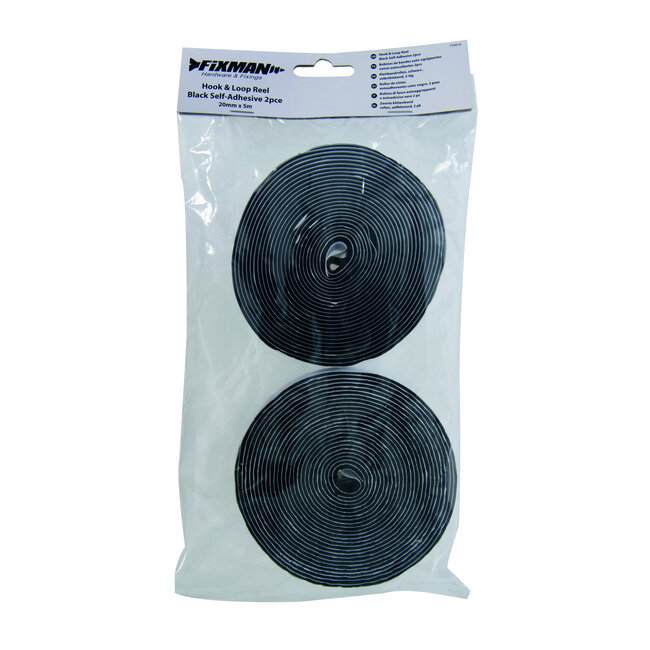 Fixman Zwarte klittenband rollen, zelfklevend, 2 pak 20 mm x 5 m