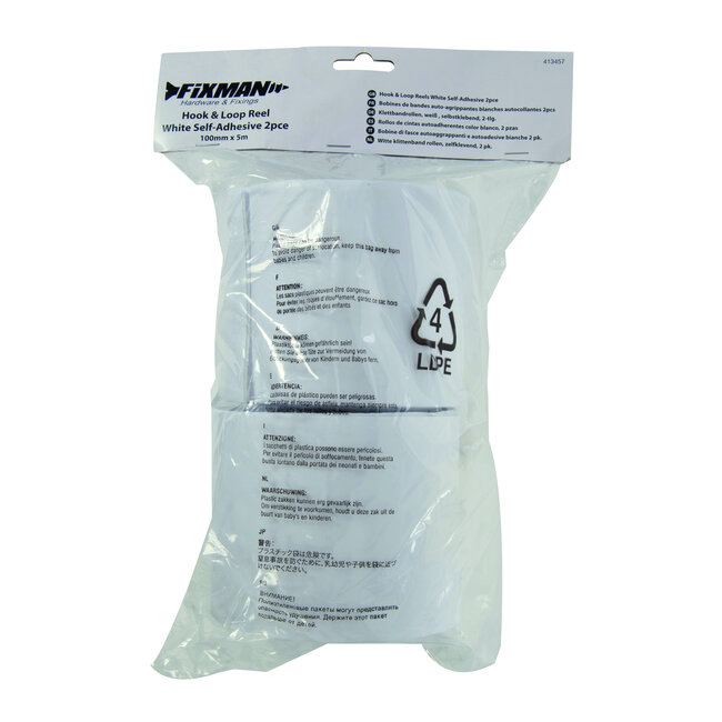 Fixman Witte klittenband rollen, zelfklevend, 2 pak 100 mm x 5 m