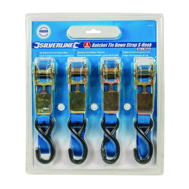Silverline S-haak ratel sjorbanden set, 4 pak 4 m x 25 mm, vermogen 350 kg, sjorkracht 700 kg