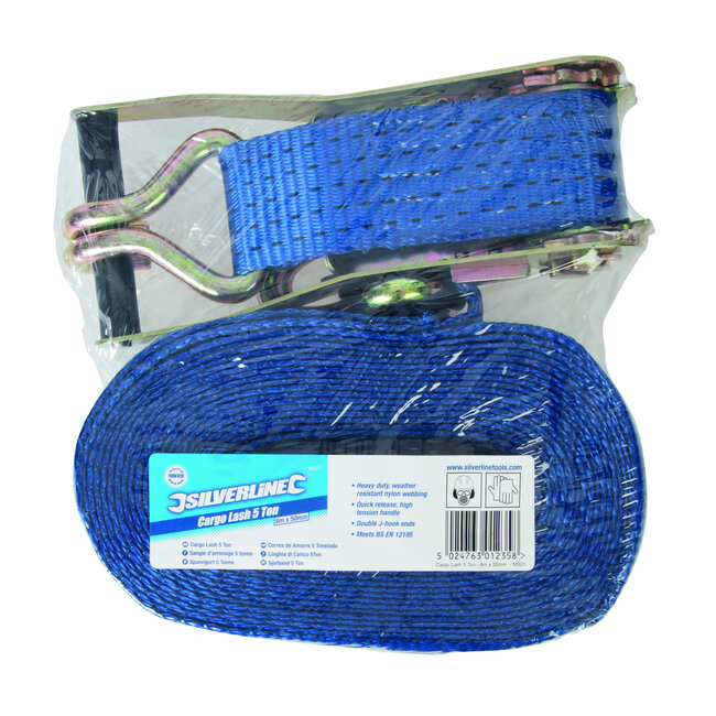 Silverline J-haak ratel sjorband 8 m x 50 mm, vermogen 2500 kg, capaciteit 5000 kg