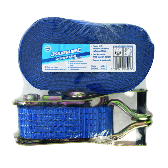 Silverline J-haak ratel sjorband 8 m x 50 mm, vermogen 2000 kg, capaciteit 4000 kg