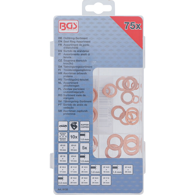 BGS Assortiment afdichtringen koper metrisch voor olieaftapschroeven, 75 delig