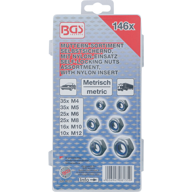 BGS Assortiment zeskantmoeren zelfborgend 146 delig