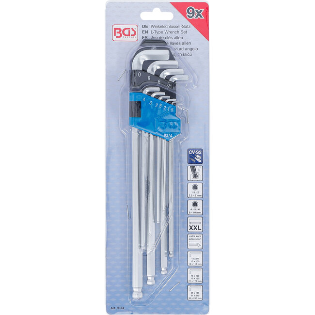 BGS Stiftsleutelset extra lang + extra kort inbus met kogelkop 1,5 - 10 mm 9 delig