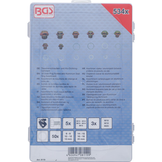 BGS Assortiment carterpluggen en aluminium afdichtringen 534 delig
